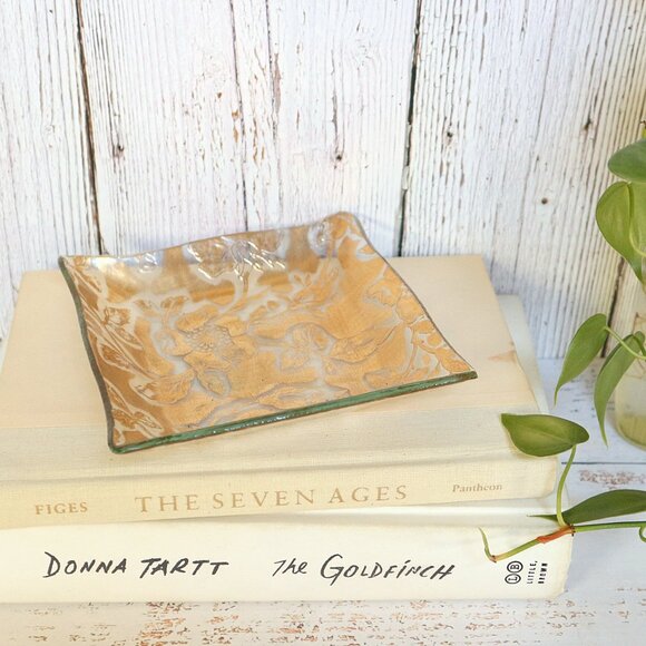 Mid-Century 22K Gold Leaf Trinket Dish Floral Glass Tray Jewelry Catch-All - Picture 5 of 6